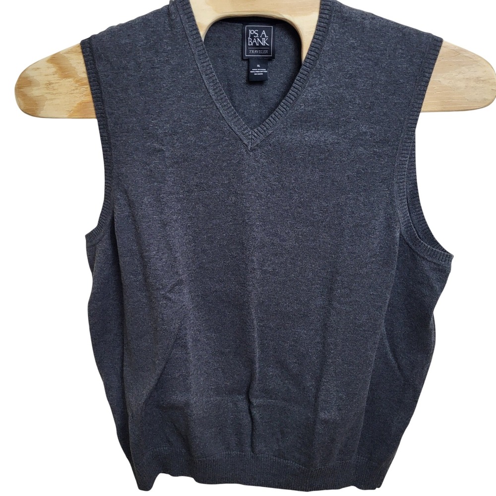 Jos A Bank Traveler Mens XL Dark Gray V Neck Sleeveless Sweater Vest Pima Cotton